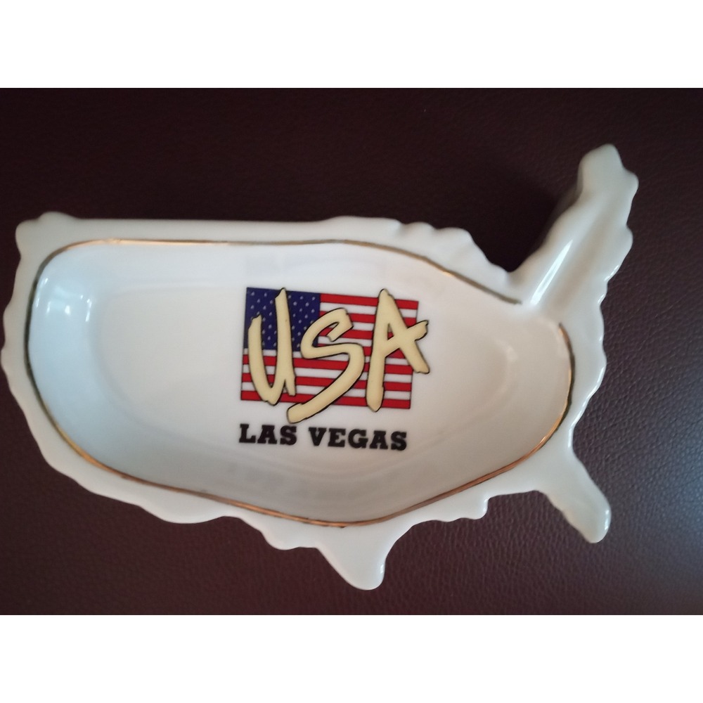 KWC Las Vegas USA Map Shaped Ceramic Dish White Gold Rim Souvenir ashtray